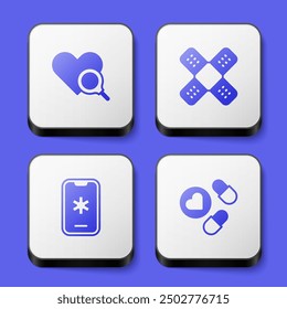 Set Medical heart inspection, Crossed bandage plaster, Emergency call 911 and Medicine pill or tablet icon. White square button. Vector