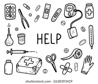 Ajude o médico. Ilustração de rabiscar desenhada à mão. Kit de primeiros socorros, adesivo, bandagem, termômetro, injeção, comprimidos. Medição da pressão. Tesoura de pinça. Elementos de coleção de arte vetorial.