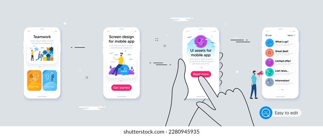 Set of Medical help, Improving safety and Dont touch line icons. Phone ui interface. Include Clean skin, Washing hands, Head icons. Apple, Serum oil, High thermometer web elements. Vector