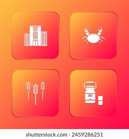 Set Medical hospital building, Crab, Wheat and Can container for milk icon. Vector