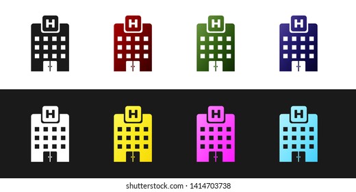 Set Medical hospital building with cross icon isolated on black and white background. Medical center. Health care. Vector Illustration