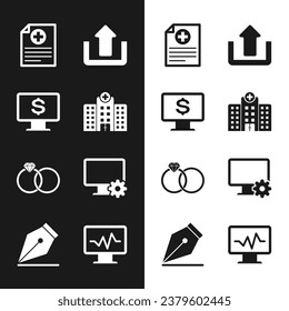 Set Medical hospital building, Monitor with dollar, Clinical record, Upload, Wedding rings and Computer monitor and gear icon. Vector