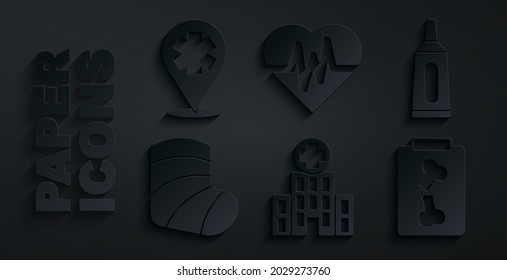 Set Medical hospital building, Ointment cream tube medicine, Gypsum, X-ray shots, Heart rate and Location with cross icon. Vector
