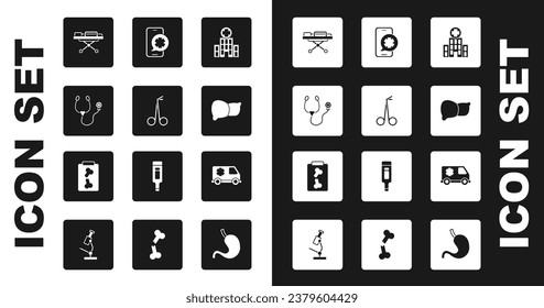 Set Medical hospital building, scissors, Stethoscope, Stretcher, Human organ liver, Emergency phone call, car and X-ray shots icon. Vector