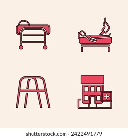 Set Medical hospital building, Stretcher, Patient with broken leg and Walker icon. Vector