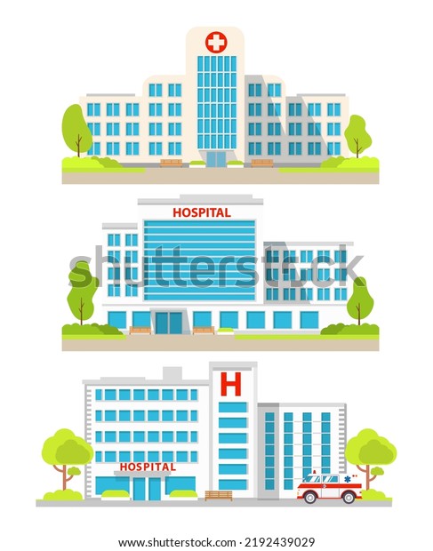 Set medical hospital\
building.City clinic building with ambulance and helicopter.Urgency\
and emergency services.Medical office or laboratory.Vector flat\
illustration.