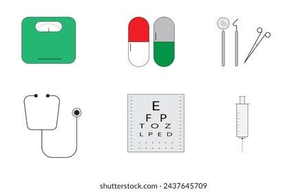 Set of Medical and Hospital Equipment Simple Flat Lined Illustration