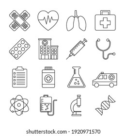 Set Of Medical And Hospital Outline Icon. Isolated On White Background. Vector Illustration In Flat Style Design.