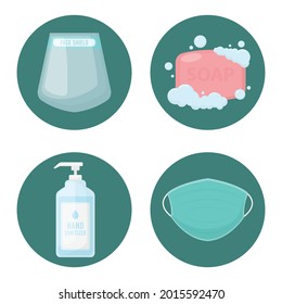 set of medical icon personal protective equipment and personal care. face shield, soap, hand sanitizer, and face mask. flat design vector illustration.