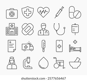 Set of medical icon in simple thin line. Collection of icons related to healthcare, including hospital, ambulance, medicine, doctor, nurse, syringe etc. Editable Stroke. Vector illustration