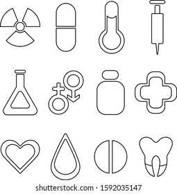 Set of medical icons in black and white color. Web icons of medicine and healthcare. Danger, pills, capsule, thermometer, heart, flask, jar, tooth.