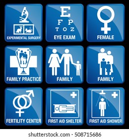 Set of Medical Icons in blue square background - experimental surgery, eye exam, female, family practice, family, fertility center, first aid shelter, first aid shower
