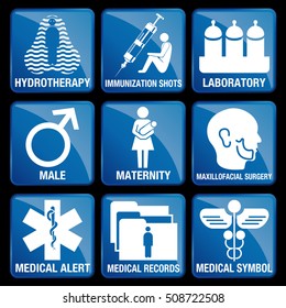 Set of Medical Icons in blue square background - HYDROTHERAPY, IMMUNIZATION SHOTS, LABORATORY, MALE, MATERNITY, MAXILLOFACIAL SURGERY, MEDICAL ALERT, MEDICAL RECORDS, MEDICAL SYMBOL