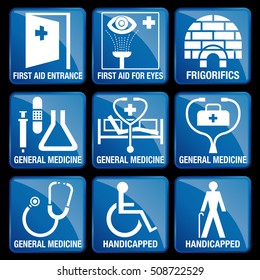 Set of Medical Icons in blue square background - FIRST AID ENTRANCE, FIRST AID FOR EYES, FRIGORIFICS, GENERAL MEDICINE, HANDICAPPED