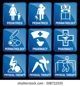 Set of Medical Icons in blue square background - PEDIATRICS, PERINATOLOGY, PHARMACY, PHYSICAL THERAPY