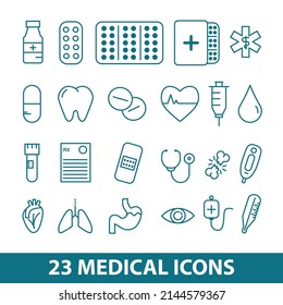 Set Of Medical Icons: Bottle, Drug, Pack, Medical Symbol, Pharmacy, Tooth, Pill, Heart, Syringe, Drop, Blood, Tube, Recipe, A Broken Bone, Thermometer, Lungs, Stomach, Eye, Plaster, Solution Drop