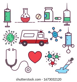 set of medical icons with colorful doodle or hand drawn style