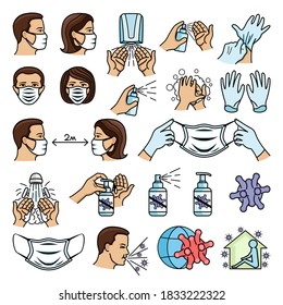 Set of medical icons for disinfection and protection against viruses on white background.