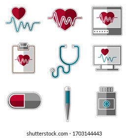 Set of medical icons. Dotted line electrocardiogram, thermometer and pills - Vector