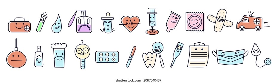 A set of medical icons with emotions in pastel colors. In the set: first-aid kit, flask, drop, sanitizer, pain reliever, heart, syringe, condom, plaster, ambulance, enema, cotton wool, pills, tooth.