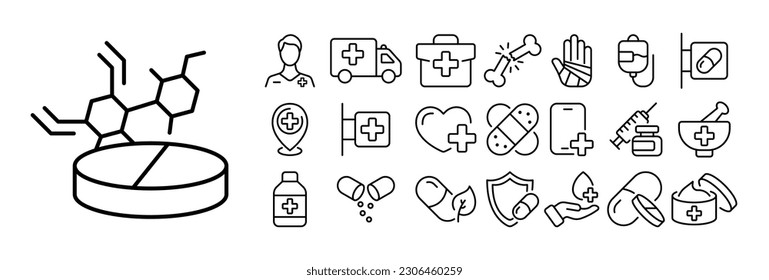 Set von medizinischen Symbolen. Illustrationen, die verschiedene medizinische Konzepte und Werkzeuge wie Stethoskop, Tabletten, Spritze, Erste-Hilfe-Kit, Herzschlag, Krankenhaus, Arzt, Krankenschwester und mehr darstellen.