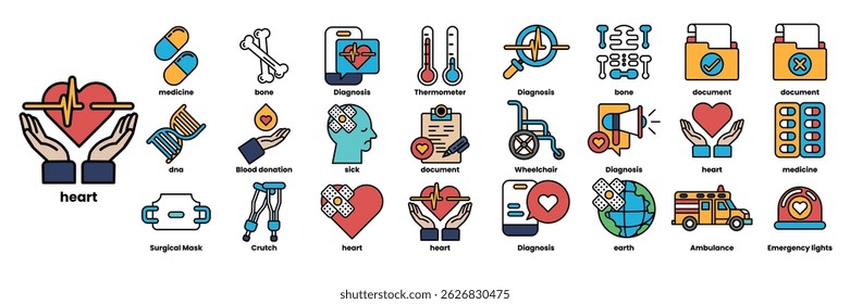 A set of medical icons including a heart, a stethoscope, a thermometer, a wheelchair, and a syringe