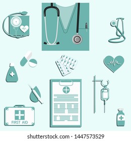 Set of medical icons - instruments and medicines, special clothes, stethoscope, tonometer, dropper - isolated on light background - vector