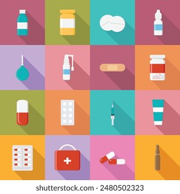 Set of medical icons with medicines, medical supplies, products. Illustration of pills, capsules, syringe, jars, enema, first aid kit, nasal drops, throat spray. Vector