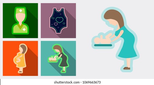 Set of medical icons Mether with baby doctor and romper suit
