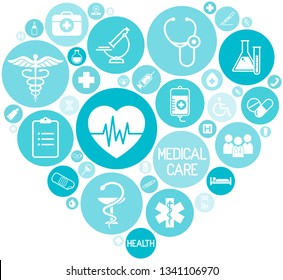 set of medical icons on circular blue colored buttons that form a heart, vector, web design elements about medicine