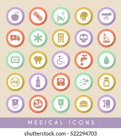 Set of Medical Icons on Circular Colored Buttons. Vector Isolated Elements.