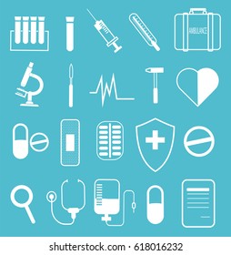 Set of medical icons on a light blue background. Simple line design