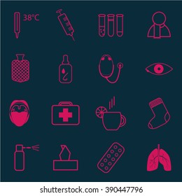 Set of medical icons on the theme of cold on dark background