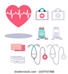 Set of medical icons on the topic of health, diagnosis and cardiology. Illustration of a heart with a pulse, cardiogram, first aid kit, stethoscope and drugs in a linear style.