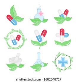 Conjunto de iconos médicos, emblemas de farmacia, logo. Elemento de diseño vectorial para medicina de plantas, farmacia, medicina alternativa, medicina natural, homeopatía. ECO, concepto orgánico, natural