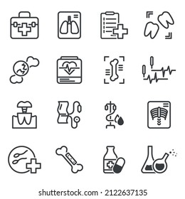 Set of medical icons related to x-ray, treatment, research and examination. Simple minimalistic images. Isolated linear vector on white background.