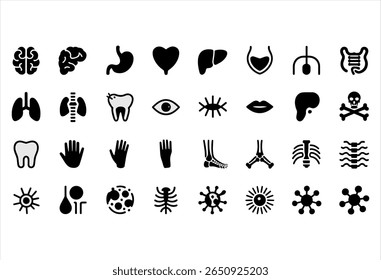 Conjunto de Ícones Médicos Representando Anatomia Humana e Conceitos de Saúde Apresentando Vários Órgãos, Partes do Corpo e Elementos Biológicos
