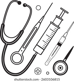 Set of Medical Icons with Stethoscope, Heart, and Healthcare Equipment