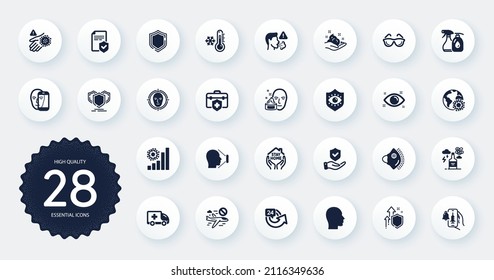 Set of Medical icons, such as 24 hours, Cancel flight and Medical insurance flat icons. Eyeglasses, Wash hand, Shields web elements. Skin care, Stay home, Health eye signs. Circle buttons. Vector