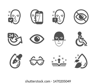 Set of Medical icons, such as Clean skin, Face recognition, 24 hours, Eyeglasses, Face biometrics, Disabled, Not looking, Water drop, Eye drops, Eye classic icons. Clean skin icon. Vector