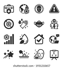 Set of Medical icons, such as Face detect, Vision board, Medical insurance symbols. Coronavirus statistics, Medical mask, Skin moisture signs. Face cream, Family insurance, Coronavirus. Vector