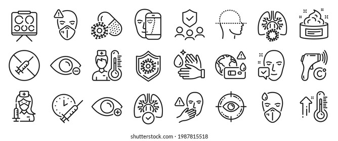 Set of Medical icons, such as Face biometrics, Medical mask, Face accepted icons. Lungs, Eye target, High thermometer signs. Coronavirus protection, Coronavirus pills, Wash hands. Sick man. Vector