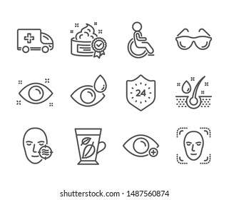 Set of Medical icons, such as Health eye, Problem skin, Eyeglasses, Face detection, Disabled, Mint leaves, Ambulance emergency, Farsightedness, Eye drops, Serum oil, 24 hours, Cream. Vector