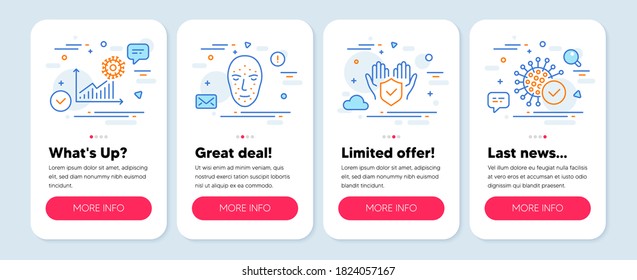Set of Medical icons, such as Insurance hand, Face biometrics, Coronavirus statistics symbols. Mobile screen app banners. Coronavirus line icons. Vector