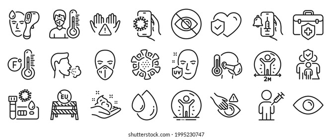 Set of Medical icons, such as Medical insurance, Family insurance, Covid test icons. Sick man, Eye, Medical mask signs. Not looking, Coronavirus, Vaccine announcement. People vaccination. Vector