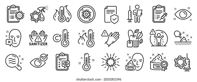 Set of Medical icons, such as Insurance policy, High thermometer, Coronavirus icons. Coronavirus vaccine, Face declined, Vaccination announcement signs. Use gloves, Vaccine report, Cream. Vector