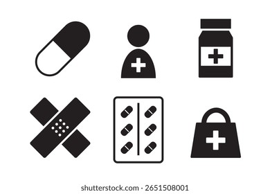 Um conjunto de ícones médicos, como medicamentos e ataduras.