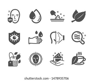 Set Of Medical Icons, Such As Mint Bag, Skin Moisture, Oil Drop, Uv Protection, Mint Tea, Rubber Gloves, Skin Condition, Face Id, Eye Protection, Face Detect Classic Icons. Mint Bag Icon. Vector