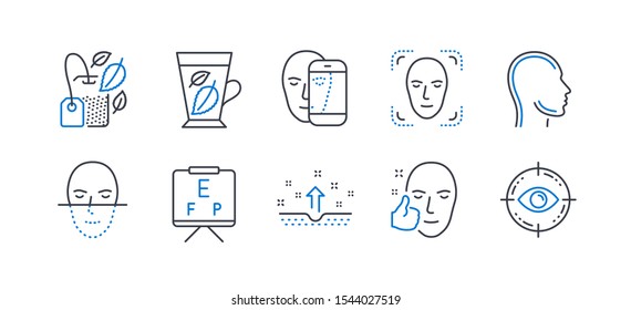 Set Of Medical Icons, Such As Mint Bag, Face Detection, Healthy Face, Head, Clean Skin, Vision Board, Mint Leaves, Eye Target Line Icons. Mentha Tea, Detect Person. Line Mint Bag Icon. Vector