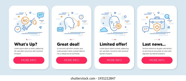 Set of Medical icons, such as Problem skin, Face id, Coronavirus vaccine symbols. Mobile screen app banners. Medical insurance line icons. Facial care, Identification system, Syringe. Vector